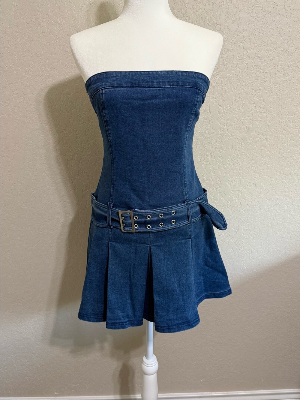 Haute Monde Strapless Dark Denim Mini Dress with Belt
